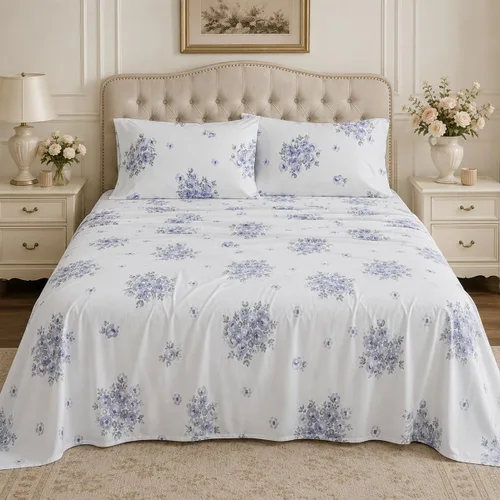 Vista 4 de HYPREST 100% Cotton Percale Sheets Queen, Blue Rose Floral Deep Pocket 16