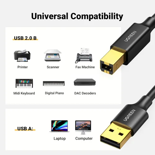 Vista 2 de UGREEN - Cable de impresora USB A a USB B de 5 pies - Alta velocidad para HP, Canon, Brother, Samsung, Dell, Epson, Lexmark, Xerox y más 480Mbps