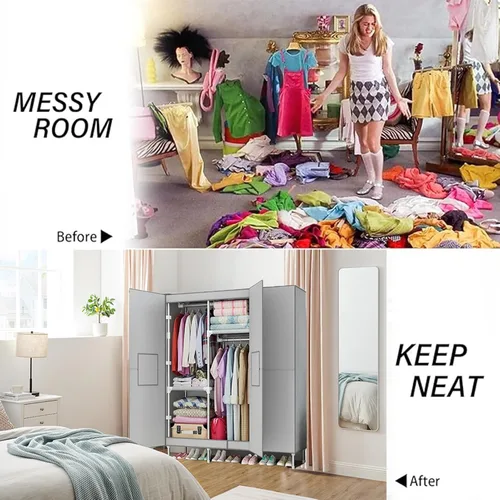 Vista 7 de Organizador portátil de ropa de 34 pulgadas, simple no tejido, armario de almacenamiento de ropa multifuncional con cubierta y barra para colgar Gris