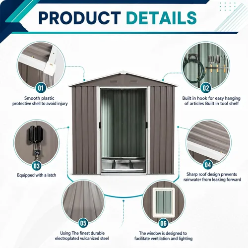 Vista 3 de Cobertizo de almacenamiento para exteriores de 6.23 x 4.3 pies con base de metal, puertas correderas y ventanas, protección solar, cobertizo de Gris