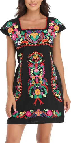 Vista 8 de YZXDORWJ Vestido bordado mexicano sin mangas con cuello de volantes para mujer