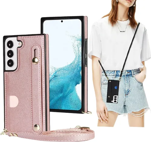 Vista 12 de CCSmall Funda cruzada para Samsung Galaxy S22+ Plus con tarjetero KB negro Correa ajustable de piel sintética extraíble con correa para teléfono