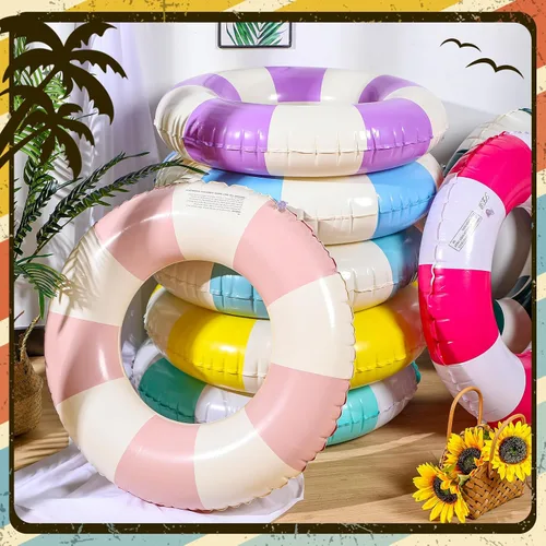 Vista 2 de Lenwen 9 tubos interiores clásicos a rayas para piscina, tubos de piscina con impresiones divertidas, tubo inflable para piscina, flotadores