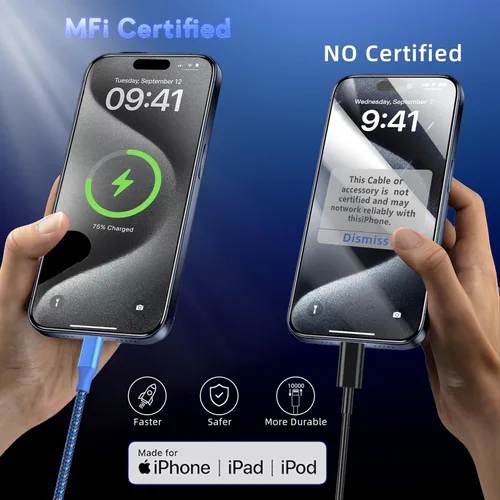 Vista 4 de MenoSupp - Cable de carga para iPhone, 3 unidades, 10 pies, certificado MFi, cable Lightning de nailon trenzado de carga rápida, compatible