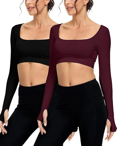 Vista 8 de Paquete de 3 camisetas cortas acanaladas sin costuras de manga larga con cuello cuadrado para mujer, para entrenamiento, gimnasio, yoga