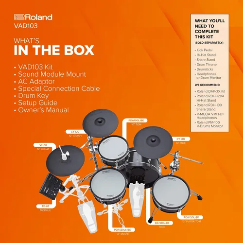 Vista 7 de Roland VAD103 V-Drums Kit de batería de diseño acústico electrónico de 4 piezas con carcasas de poca profundidad Shallow Wood Shells, Double-Ply