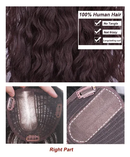 Vista 6 de Peluca de cabello humano rizado natural para mujer, con clip, 5.1 x 5.5 in, parte superior plateada, parte derecha para cubrir la pérdida de Marrón