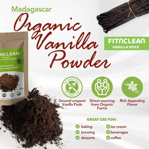 Vista 2 de FITNCLEAN VANILLA - Polvo orgánico de vainilla de Madagascar de 2 onzas. Certificado orgánico USDA. Sin aditivos naturales sin azúcar. Cápsulas