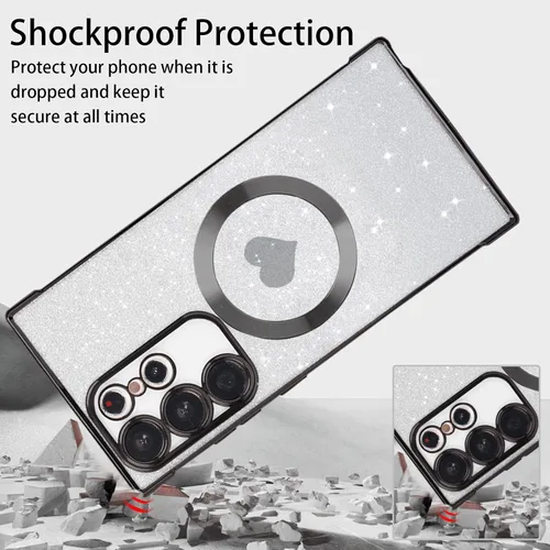 Vista 4 de FIRSTPELLA Funda magnética con purpurina para Samsung Galaxy S23 Ultra - [compatible con MagSafe] Funda transparente de lujo chapada