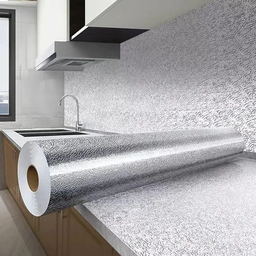 Vista 6 de Papel tapiz de aluminio impermeable y resistente al aceite para despegar y pegar, protector contra salpicaduras autoadhesivo dorado para encimeras