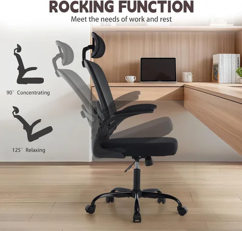 Vista 6 de Silla de oficina ergonómica con soporte lumbar ajustable 3D, respaldo alto de malla, reposacabezas giratorio de 75°, función mecedora, capacidad