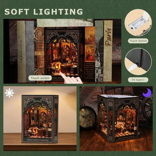 Vista 5 de Nookmaster Kit de rincón de libros – Biblioteca clásica en miniatura para casa de muñecas para libros con luces LED, regalo creativo de bricolaje