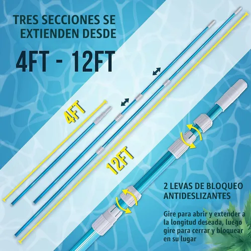 Vista 3 de U.S. Pool Supply Poste telescópico de piscina de 12 pies – Red de aluminio para piscina, rastrillo, cepillo, mango de cabeza al vacío, adjunta