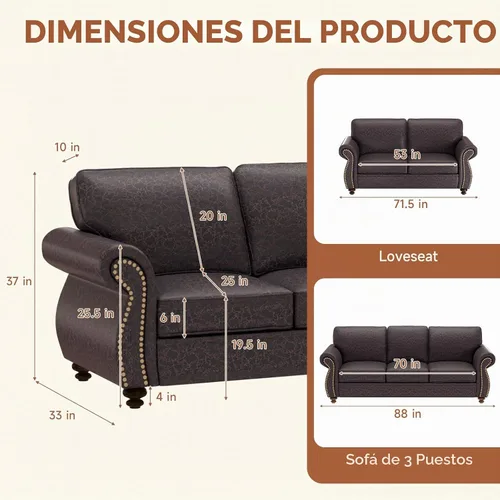 Vista 2 de Juego de sofá con remaches de 88 pulgadas, sofá biplaza moderno con brazo ancho, marco de madera maciza para sala de estar, sofá moderno para Marrón
