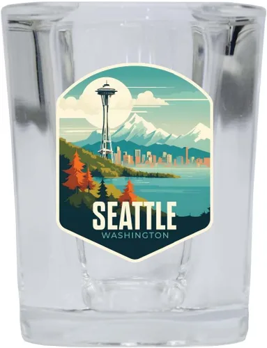 Vista 4 de Seattle Washington Design B Souvenir - Vaso de chupito cuadrado de 2.5 onzas, base azul, paquete de 2