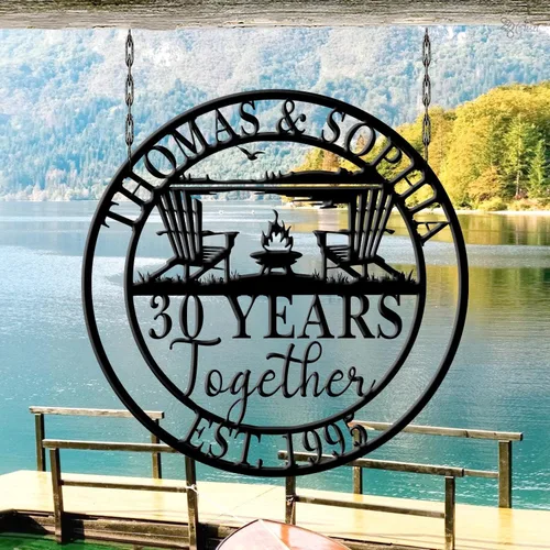 Vista 10 de Letrero de aniversario de metal personalizado, letrero de nombre de pareja personalizado para esposo, esposa, apellido y fecha de matrimonio, arte 09