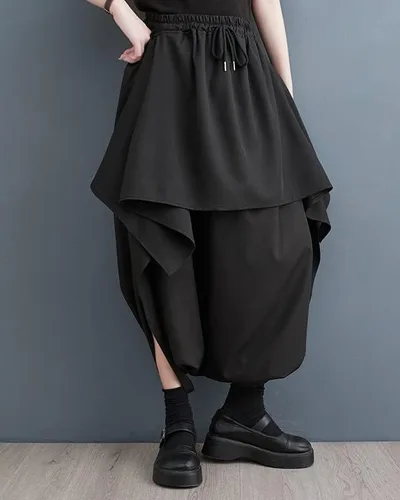 Vista 3 de ellazhu Pantalones de pierna ancha de color sólido para mujer, falda con bolsillos laterales, ropa casual de descanso, estilo culotte, pantalones