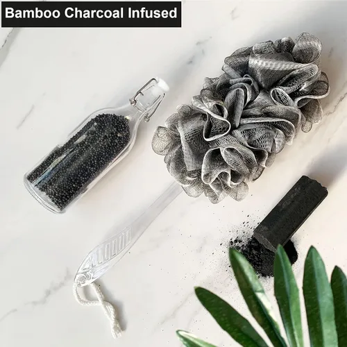 Vista 3 de PPHAO - Esponja negra - Esponja de carbón en un palo - Cepillo de baño trasero de mango largo - Esponja de lufa trasera para ducha para hombres