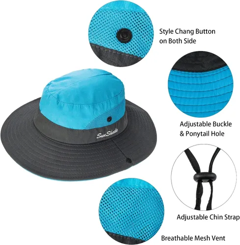 Vista 61 de Sombrero de pesca de playa de ala ancha para mujer, con protección UV, plegable, con agujero para cola de caballo