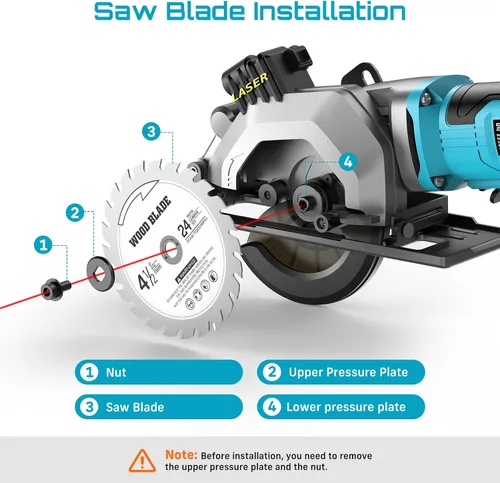 Vista 9 de SEESII Mini sierra circular, 4.8A 4000RPM con cable, compacta, sierra de 4-1/2 pulgadas con láser 3 Blade with Storage Bag for Wood, Metal, Tile