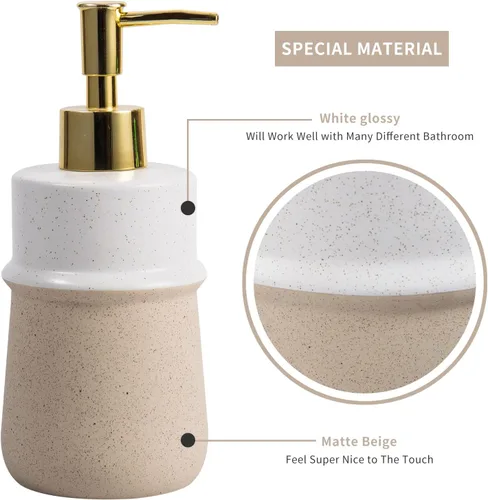 Vista 3 de Dispensador de jabón de cerámica beige para cocina, bomba dispensadora de manos recargable, dispensador de loción de 12 onzas para baño para jabón