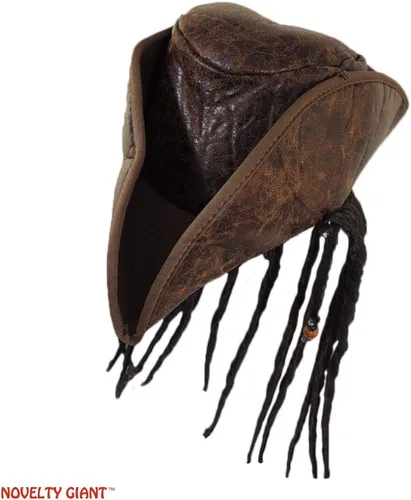 Vista 2 de Disfraz de pirata caribeño marrón envejecido, sombrero de tres maíz para adulto con rastas y parche en los ojos, Marrón, rojo