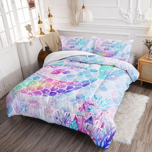 Vista 3 de Juego de ropa de cama Datura Home con edredón estampado de cola de sirena arcoíris, con 1 edredón y 2 fundas de almohada para dormitorio de niñas
