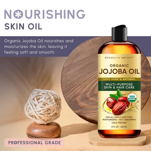 Vista 5 de Brooklyn Botany Aceite de jojoba orgánico prensado en frío para piel, cabello y cara 8 onzas líquidas 100% puro y natural Aceite portador