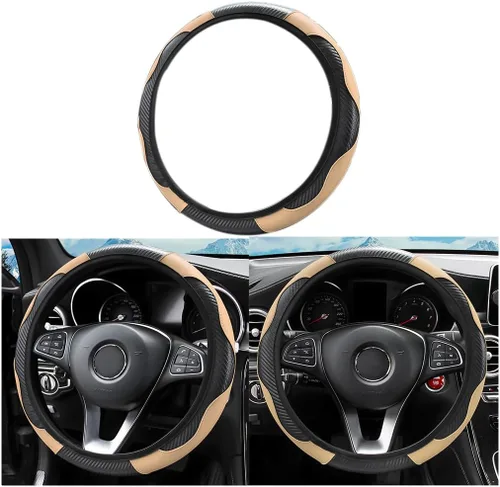 Vista 8 de Funda universal de microfibra para volante de automóvil, de piel sintética, elástica, 15 pulgadas, costuras de color, antideslizante, protector