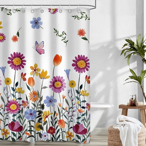 Vista 2 de Moutina Juego de cortinas de ducha de flores silvestres para baño, decoración de baño de primavera y verano, 72 x 72 pulgadas, cortina de ducha