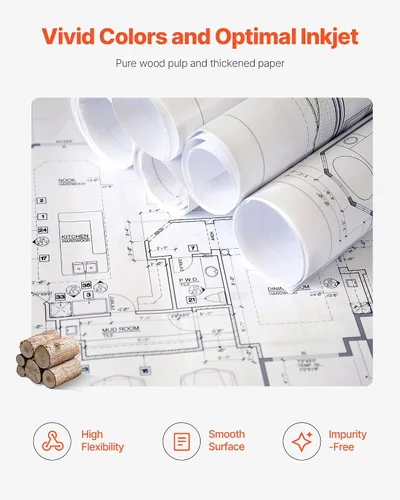 Vista 5 de VEVOR Papel de formato ancho, rollo de plotter de 24 pulgadas x 150 pies, 2 rollos de papel bond CAD con núcleo de 2 pulgadas, rollos de papel bond
