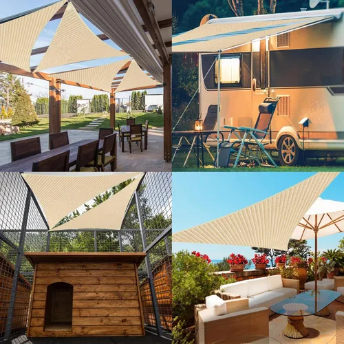 Vista 6 de Toldo triangular de 5 x 5 x 5 pies con borde recto, color beige, toldo triangular para exteriores, cubierta de pérgola con bloqueo UV, personalizable