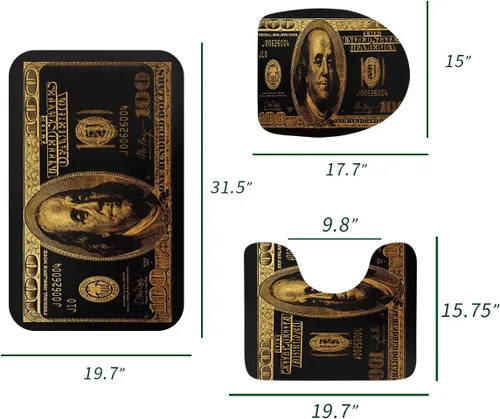 Vista 2 de GUBIYU Juego de alfombras de baño de 100 dólares, color negro y dorado, juego de alfombras de baño con dinero, tapete de baño antideslizante
