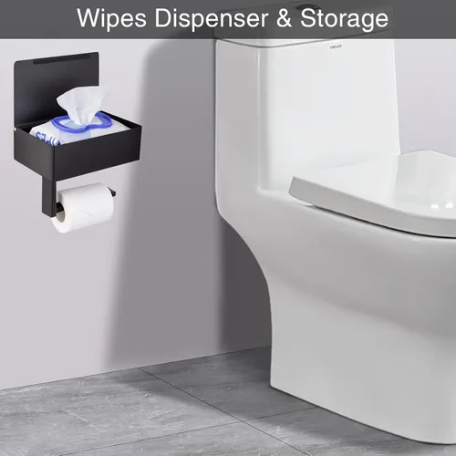 Vista 2 de Soporte de papel higiénico adhesivo con estante y almacenamiento, juego de soporte de rollo de papel higiénico montado en la pared y dispensador