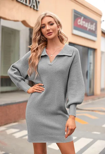 Vista 7 de Meenew Vestido de suéter de manga farol para mujer, cuello en V, ajustado, minivestido de punto