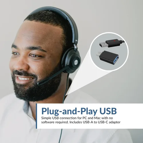 Vista 5 de CA Essential USB Headset (HS-2000) – Auriculares profesionales para llamadas y música, comodidad durante todo el día, controles integrados