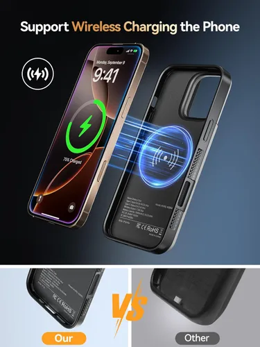 Vista 6 de NEWDERY Funda de batería mejorada para iPhone 16 Pro, cargador portátil USB C de 5000 mAh, CarPlay, compatible con datos de sincronización, funda