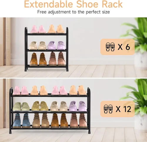 Vista 3 de Zapatero expandible de 3 niveles para el suelo del armario, organizador de zapatos pequeño ajustable de 16 a 30 pulgadas para entrada, puerta