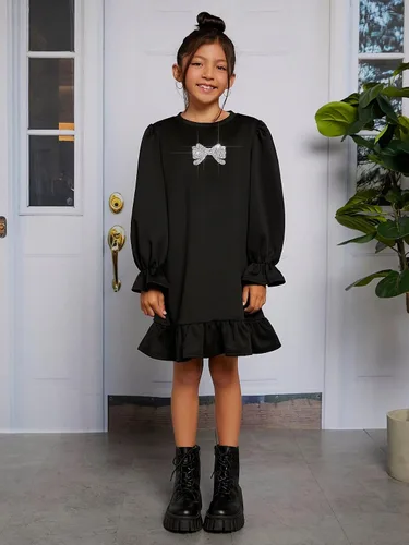 Vista 4 de WDIRARA Vestido de manga con volantes y cuello redondo y estampado de lazo para niña
