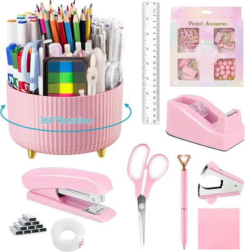 Vista 21 de Suministros de oficina, accesorios de escritorio negros, juego de suministros de oficina, juego de grapadora y dispensador de cinta, tijeras