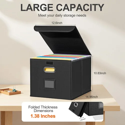 Vista 6 de Hleelomi Caja de archivos plegable con tapa y deslizador de plástico, organizador de documentos colgantes para oficina/hogar, 14.96 x 12.6 x 10.83