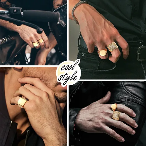 Vista 3 de Dochais 3 anillos de sello para hombres y mujeres, anillos chapados en oro de 14 quilates, anillos de acero inoxidable para hombres, anillos de oro