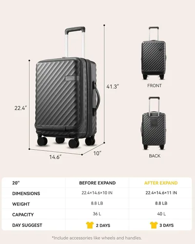 Vista 8 de KVF - Maleta de mano con compartimento frontal y portavasos, maleta rígida de policarbonato expandible con bolsillo frontal
