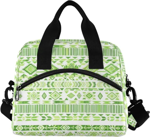 Vista 2 de Lonchera con estampado azteca, lonchera de gran capacidad para hombres y mujeres, bolsa cruzada aislada para el almuerzo reutilizable