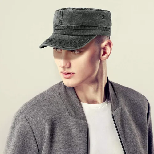 Vista 12 de Geyoga 3 unidades Cadet Army - Gorras de algodón lavado militar para tapas planas ajustables estilo militar sombrero unisex