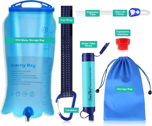 Vista 9 de SimPure Filtro de agua por gravedad, purificador de agua portátil alimentado por gravedad con bolsa de 3 L, correa de árbol, equipo de supervivencia