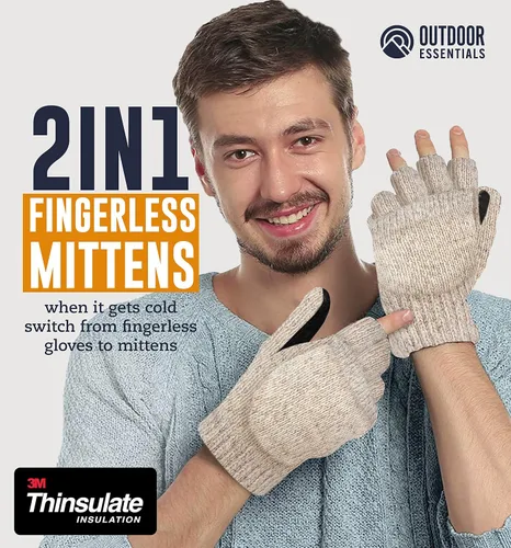 Vista 2 de Guantes de invierno sin dedos, guantes de lana convertibles para hombres y mujeres, guantes de nieve cálidos de punto térmico para clima frío