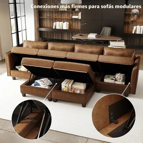 Vista 7 de LLappuil Sofá modular de piel sintética de 9 plazas con almacenamiento, sofá cama convertible en forma de U con diván, impermeable y agradable al