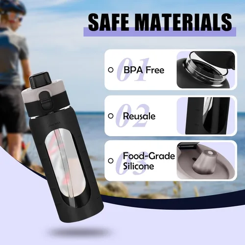 Vista 5 de ANOTION Botella de agua de vidrio de 24 onzas con popote y funda de Negro
