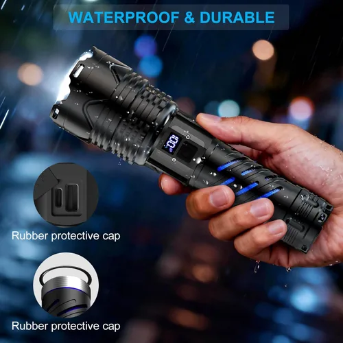 Vista 12 de Karrong Linterna recargable, linterna de haz largo de alto lúmenes, linterna potente súper brillante, 5 modos, zoomable, impermeable, luz táctica